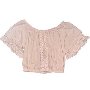 Ocean Drive womens boho lace cropped off light pink short sleeve shirt medium